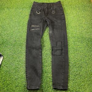 HT Denim Black Washed Distressed Skinny Jeans with D-Rings and Zippers